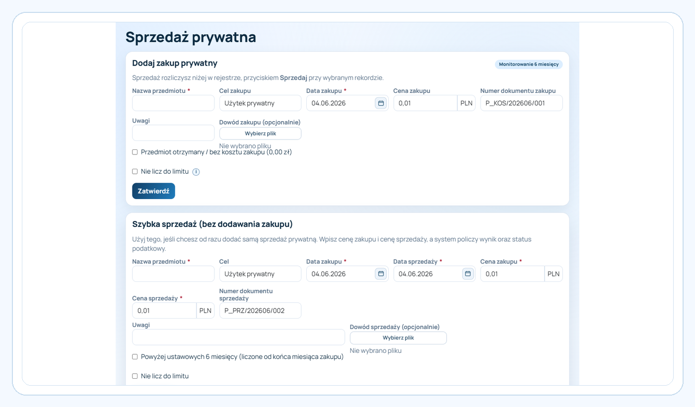 Formularz szybkiej sprzedaży prywatnej i podsumowanie